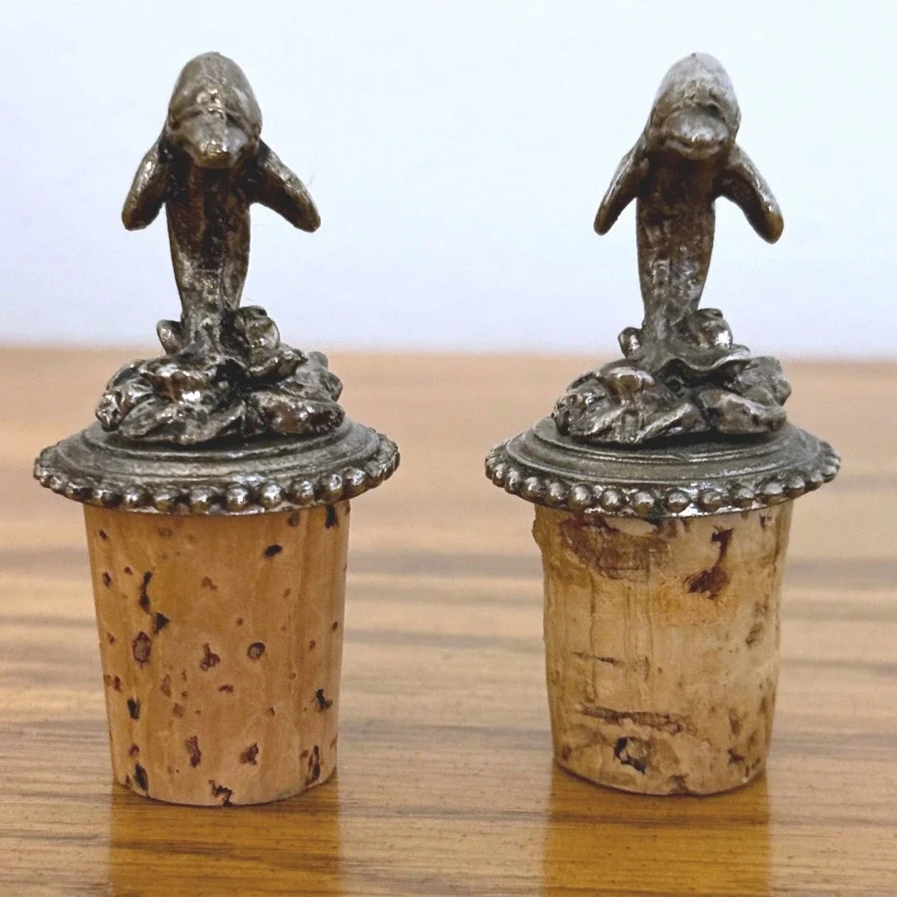 Vintage Dolphin Wine Bottle Stoppers Set of 2 Pewter Tone Coastal Barware Decor